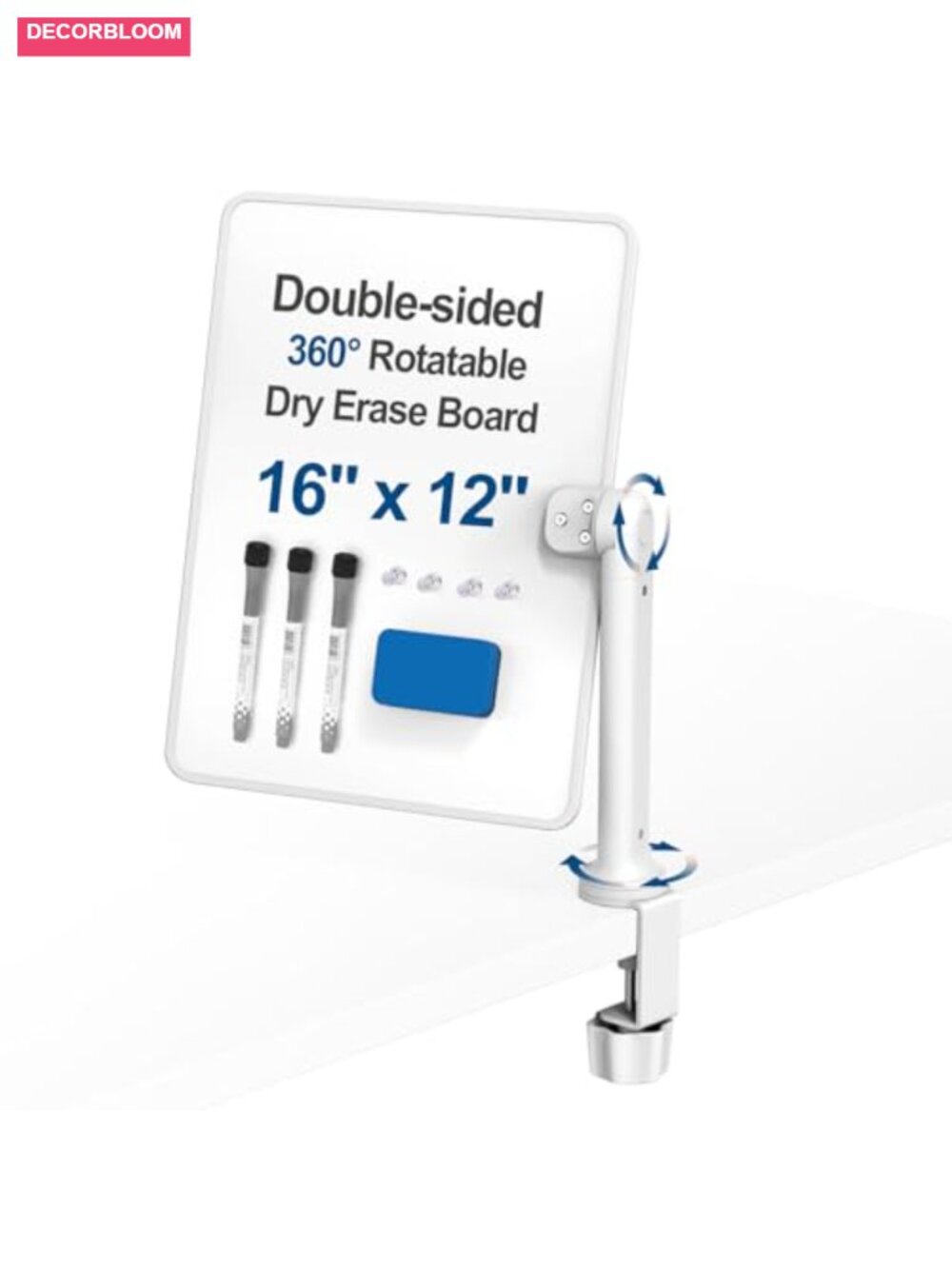 Clamp-On Double Sided Magnetic Dry Erase Whiteboard, 16x12, 360 Rotation, Desk
